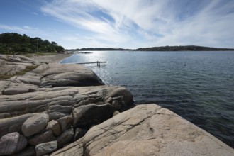 Granite rocks and beach with jetty, Resö Island, Bohuslän, Skagerrak, Sotenäs, Västra Götalands