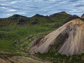 Mountains, coast, summer, aerial view, morning light, volcanic, cloudy, Faskrudsfjördur, East