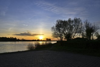 Sunrise at the ferry pier in Xanten, Lower Rhine, North Rhine-Westphalia, Germany