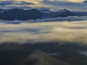 Fog, clouds, morning mood, mountains, aerial view, summer, Höfn, Iceland