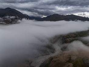 River, river course, river delta, mountains, clouds, canyon, gorge, summer, aerial view, Hvannagil,