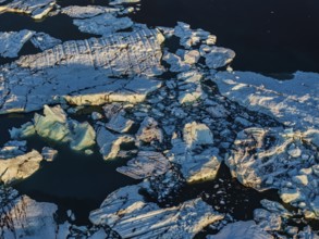 Ice floes, morning mood, reflection, aerial view, summer, glacier lagoon, Jökulsarlon, Vatnajökull,