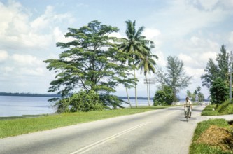 Thought to be road running along coast at Lido beach, Johor Bahru, Malaya, Malaysia, south east