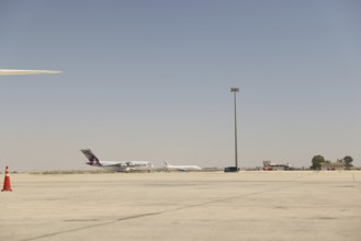 A Qatari aircraft carrying humanitarian and medical aid arrives at Damascus International Airport,