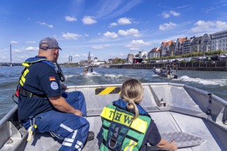 THW multi-purpose boats during a training trip on the Rhine, near Düsseldorf, of the Water Hazards