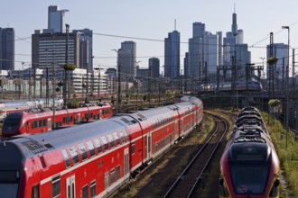 Elevated city view with many trains, railway station and skyscrapers, Frankfurt am Main, Hesse,