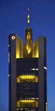 Tower of the Commerzbank headquarters in the evening, Frankfurt am Main, Hesse, Germany