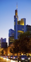 Cars on Berliner Straße and Commerzbank Tower in the evening, Frankfurt am Main, Hesse, Germany