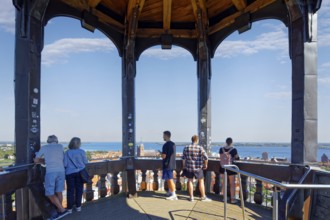 Visitors look out over the city, viewing platform view at a height of 84 metres, St. Mary's Church,
