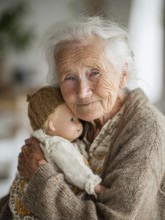 An elderly woman lovingly holds a doll in her arms, which radiates an emotional connection and
