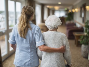 A carer assists an elderly woman walking along a bright corridor in a retirement home, nursing