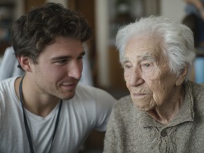 A young carer lovingly looks after a senior in an old people's home, nursing home, symbolic image
