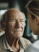 A young carer lovingly looks after a senior in a retirement home, nursing home, symbolic image for