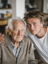 A young carer lovingly looks after a senior in an old people's home, nursing home, symbolic image