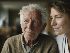 A young carer lovingly looks after a senior in a retirement home, nursing home, symbolic image for