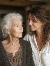 A young carer lovingly looks after a senior citizen in a nursing home, nursing home, symbolic image