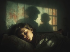 Sleeping woman with mystical shadow silhouettes in the background, symbolic image for sleep, event