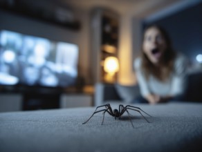 A spider on a table in the foreground, woman in the background visibly shocked, symbolic image for