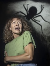 A woman is frightened by a large spider shadow, symbolising spider fear, arachnophobia, AI