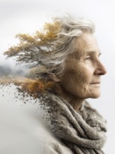 Double exposure of an elderly woman and decaying parts of a landscape, symbolic image for memory
