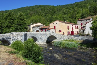 Stone bridge over the Pavin couze river flowing through the village of Saurier, Puy de Dome.