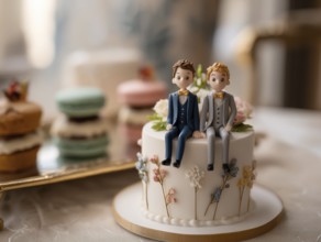 Wedding cake with male bride and groom topper and floral decoration, symbolic image for same-sex