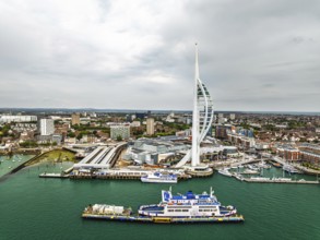Portsmouth Harbour over Spinnaker Tower from a drone, Portsmouth, Gosport, England, United Kingdom