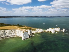 White Cliffs of Old Harry Rocks Jurassic Coast from a drone, Handfast Point, Dorset Coast, Poole,