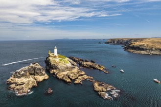 Godrevy Lighthouse from a drone, Godrevy Island, St Ives Bay, Cornwall, England, United Kingdom