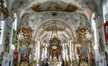 Interior view, choir, main altar, Catholic parish church of St Ulrich, Rococo, Seeg, Ostallgäu,