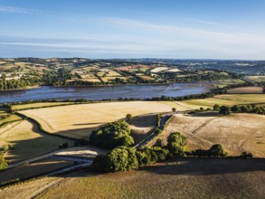 Farms and Fields over River Teign and Teignmouth Road from drone, Newton Abbot, Devon, England,