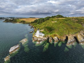 St Anthony Lighthouse from drone, Roseland peninsula, Head circular walk, Cornwall, UK