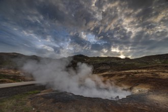 Hot springs, geothermal field, cloudy, evening mood, backlight, summer, Krysuvik, Reykjanes