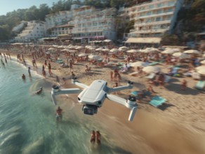 Ein Fernpilot steuert sein Quadrocopter, Drohne über einen dicht besetzten Badestrand, um illegale