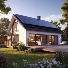 Residential house with solar panels on the roof, beautiful sunrise, AI generated
