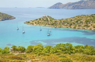 Panormitis bay, high angle view, Panormitis, Symi Island, Dodecanese Islands, Greece