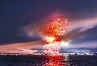 Lake Night Festival Constance. Water fireworks over the German shore and the neighbouring Swiss