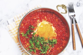 Traditional Turkish dish, scrambled eggs with tomatoes, Menemen, with herbs, in a frying pan,