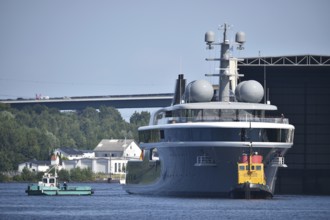 The new superyacht COSMOS leaves the Lürssen shipyard near Rendsburg for the Kiel Canal, Kielkanal,