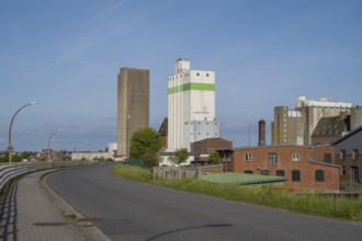 Grain silos, warehouses, land trade, outer harbour, Husum, North Frisia, North Sea,