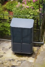 Heat pump in a backyard in Wuppertal, Germany, digitally reworked