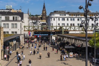 The Wuppertal suspension railway arrives at the Döppersberg stop in the city centre of Wuppertal,