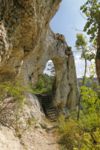 Teufelstorffelsen, Jura rock, gate-like breakthrough, stairs, natural monument between Gammertingen
