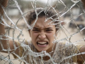 Ein Teenager schreit wütend durch eine kaputte Fensterscheibe, Aggressives Verhalten, Psychologie,