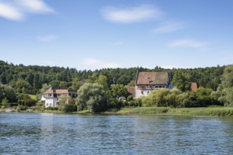 View over the Rhine, Hochrhein to the historic Bibermühle mill near Rheinklingen, Canton Thurgau,