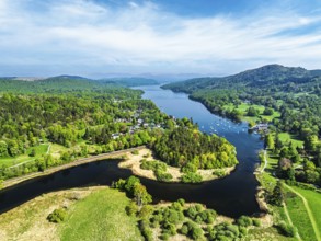 Windermere Lake from drone over Fell Foot Park, Lake District, Cumbria, England, United Kingdom