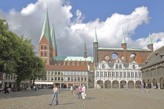 Town Hall and Gothic St, Marien Church, Brick Gothic, Brick Church, Tourists, Pedestrians, Market,