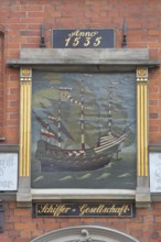 Painting with sailing ship and year at the entrance to the Schiffergesellschaft restaurant,