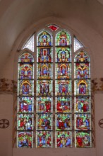Colourful church window by Master Bertram built 14th century, interior view, stained glass, arts