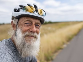A man, senior citizen with a bicycle helmet rides on a bicycle and smiles friendly into the camera,